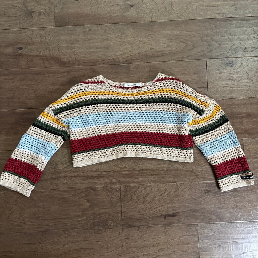 Daily‎ Paper Womens XS Crochet Knit Striped Cropped Sweater Multicolor Cotton